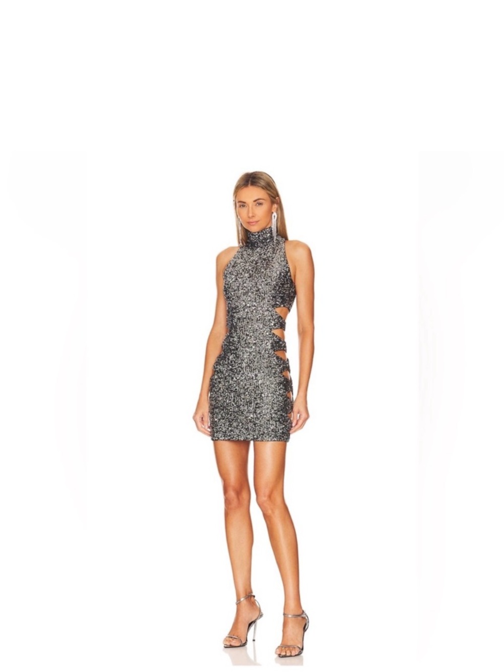 NBD Cedlla halter neck metallic cutout Mini Dress s Gunmetal Silver